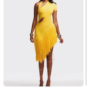 Hanifa Asymmetrical Yellow Fringe Dress NWT